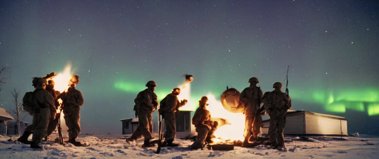 Image similar to a high quality color creepy atmospheric dimly lit closeup film 3 5 mm depth of field photograph of us soldiers pouring cans of gasoline along the perimeter of homes in mcmurdoch station in antarctica in 1 9 8 2 with the aurora borealis in the sky at night