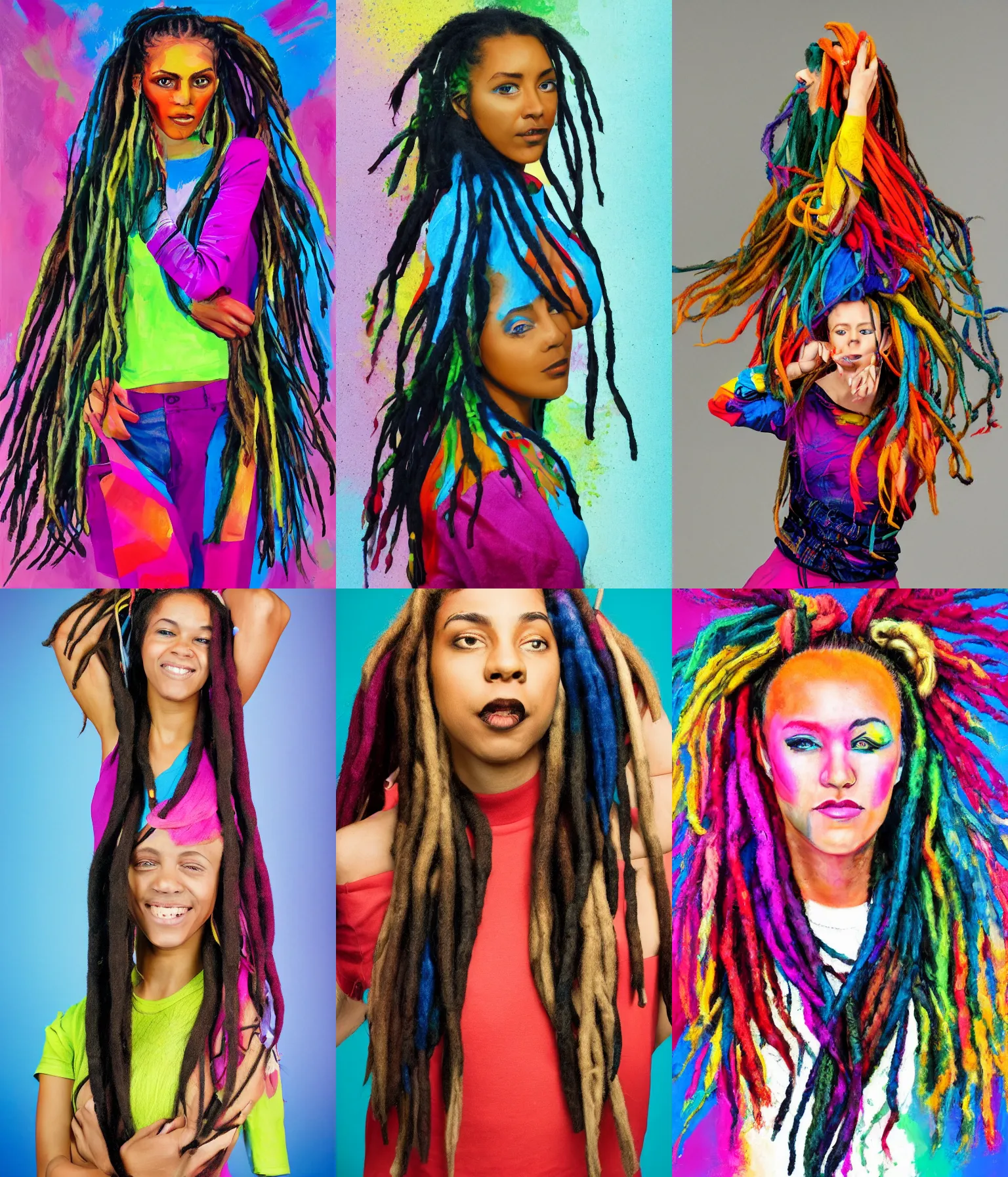 Prompt: colorful full body portrait of a young woman with dreadlock ponytail in the style of Rankin