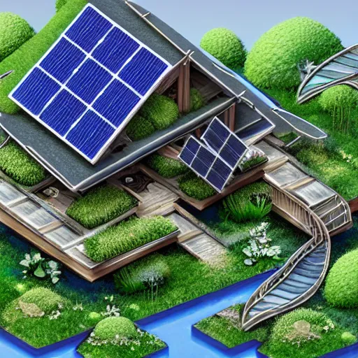 Prompt: solarpunk home, made from pearl material. Plants growing on the roof, solar panels, 4k, realistic, art station