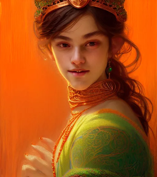 Image similar to portrait of teenage godess, snake hair, naughty smile, wearing an embroidered orange tunic, intricate, elegant, copper and emerald jewelry, glowing lights, seductive. highly detailed, digital painting, artstation, concept art, smooth, sharp focus, illustration, art by wlop, mucha, artgerm, and greg rutkowski
