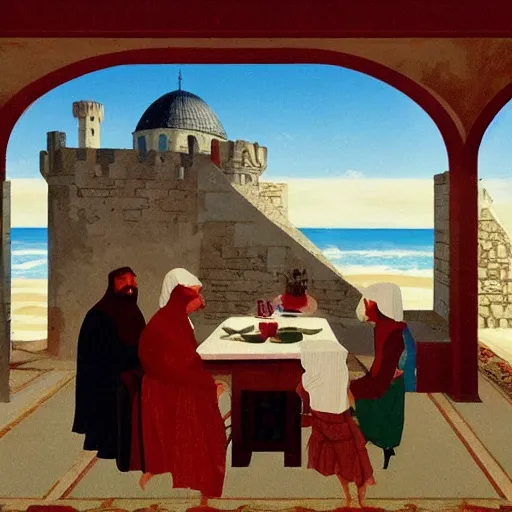 Image similar to ' a medieval turkish nobleman takes breakfast at his coastal manor with his family '. gouache matte painting by angus mcbride, 8 k, digital matte painting with high fidelity textures and figures.