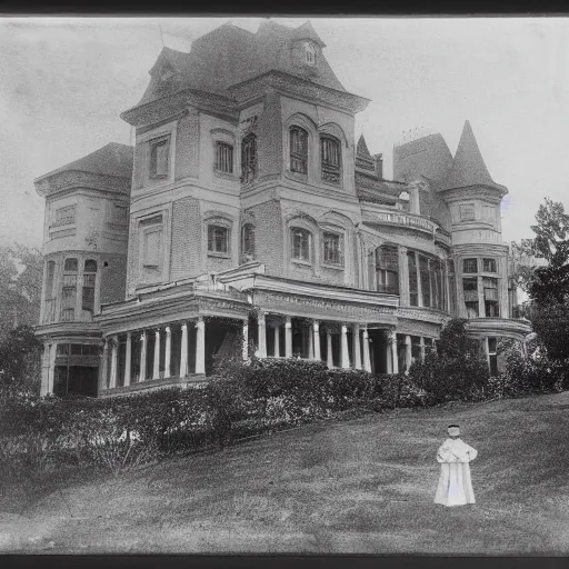 Image similar to photograph from 1900 of a ghost in a mansion. Black and white. Film.