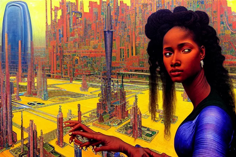 Image similar to realistic extremely detailed closeup portrait painting of a beautiful black woman in a dress with supercomputer robot, city street on background by Jean Delville, Amano, Yves Tanguy, Ilya Repin, Alphonse Mucha, William Holman Hunt, Ernst Haeckel, Edward Robert Hughes, Roger Dean, rich moody colours