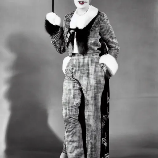 Image similar to an attractive woman is seen posing in a vintage 1 9 3 0 s portrait in front of a geometric art deco backdrop in a photographer's studio. she is wearing a woman's suit along with a white fur stole and a checkered scarf. she also has a matching handbag, gloves, shoes, and a wide - brimmed white hat on.