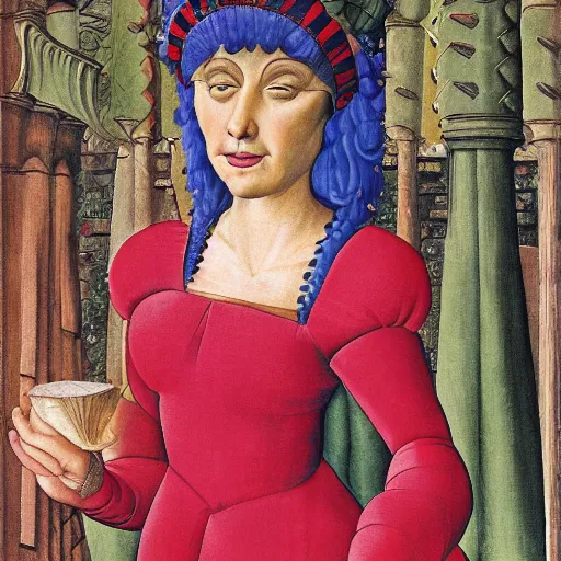 Image similar to portrait of an anthropomorphic stegosaurus, dressed as an italian princess, sandro bottecelli, 1 5 0 0