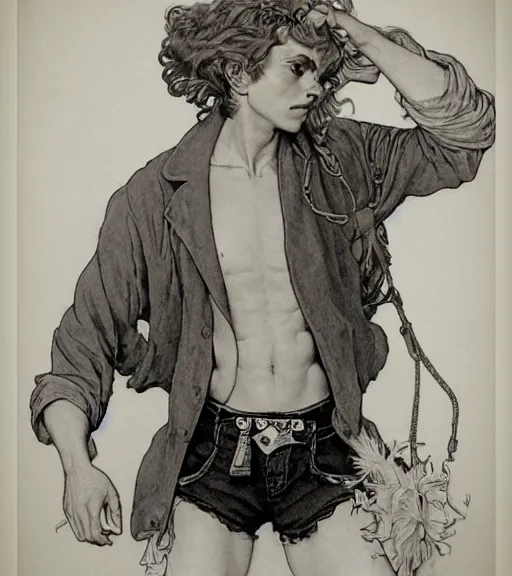 Prompt: lineart of a pale androgynous man with long fluffy curly blond hair in shorts with suspenders and white t-shirt drawn by anime, Alexandre Cabanel, norman rockwell, peter paul rubens, maler collier, frank frazetta, alphonse mucha, gustav klimt 4k, unreal 5, DAZ, french noveau, trending on artstation, octane render, hyperrealistic