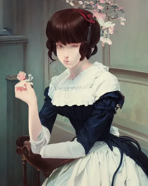 Prompt: a portrait of a victorian maid, victorian reading room, vivid colors, soft lighting, atmospheric, cinematic, moody, in the style of Ilya Kuvshinov and Range Murata, Krenz Cushart, oil on canvas, anime, 8K