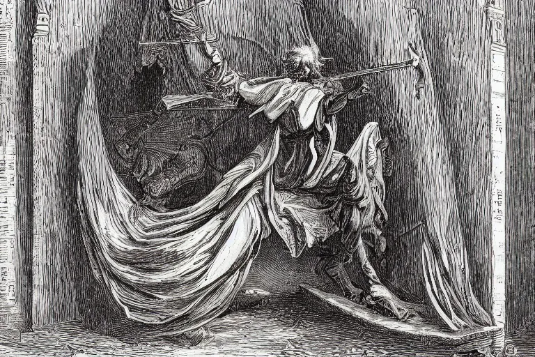 Image similar to highly detailed portrait of big open book, open book page, don quixote left the book, symmetrical, masterpiece, highly detailed painting by gustave dore