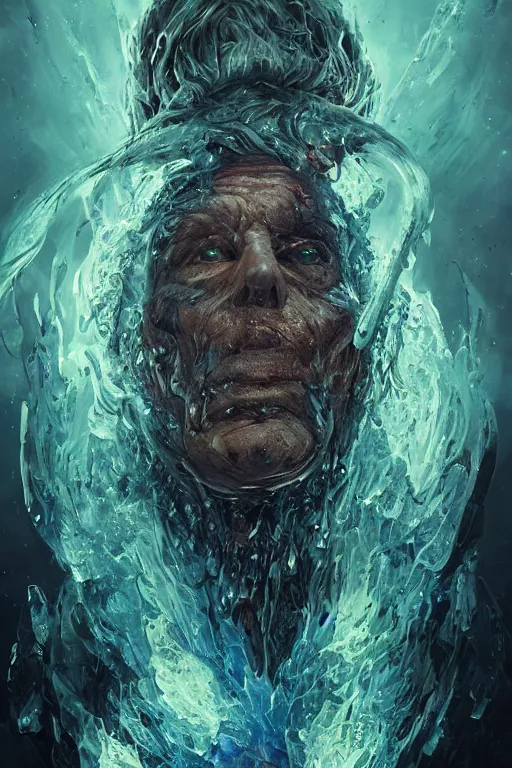 Image similar to the look of an elderly person, necromancer, witch - doctor covered with ice exploding into fire, full of wrinkles and imperfections, electricity highly detailed, high contrast, light reflection, trippy, nebula, trending on artstation by artgem, by peter mohrbacher, by wlop, by ruan jia