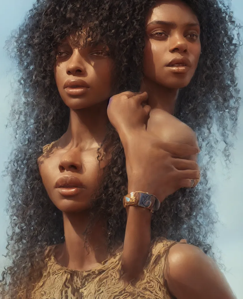 Prompt: portrait of a brown skinned woman, she has beautiful opal eyes, long black curly hair, cgsociety, hyperdetailed, artbreeder, painted by wlop and greg rutkowski, volumetric sunlight, beautiful, artstation, octane render, sharpness, 8 k, golden ratio