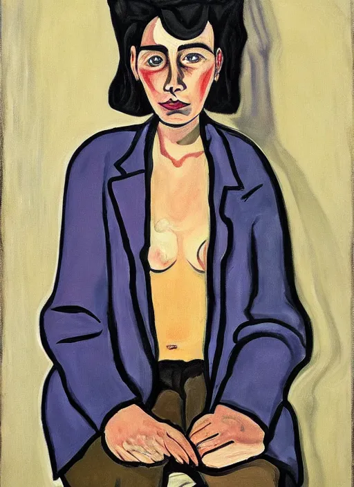 Image similar to a portrait of a pretty sewer punk young lady by alice neel