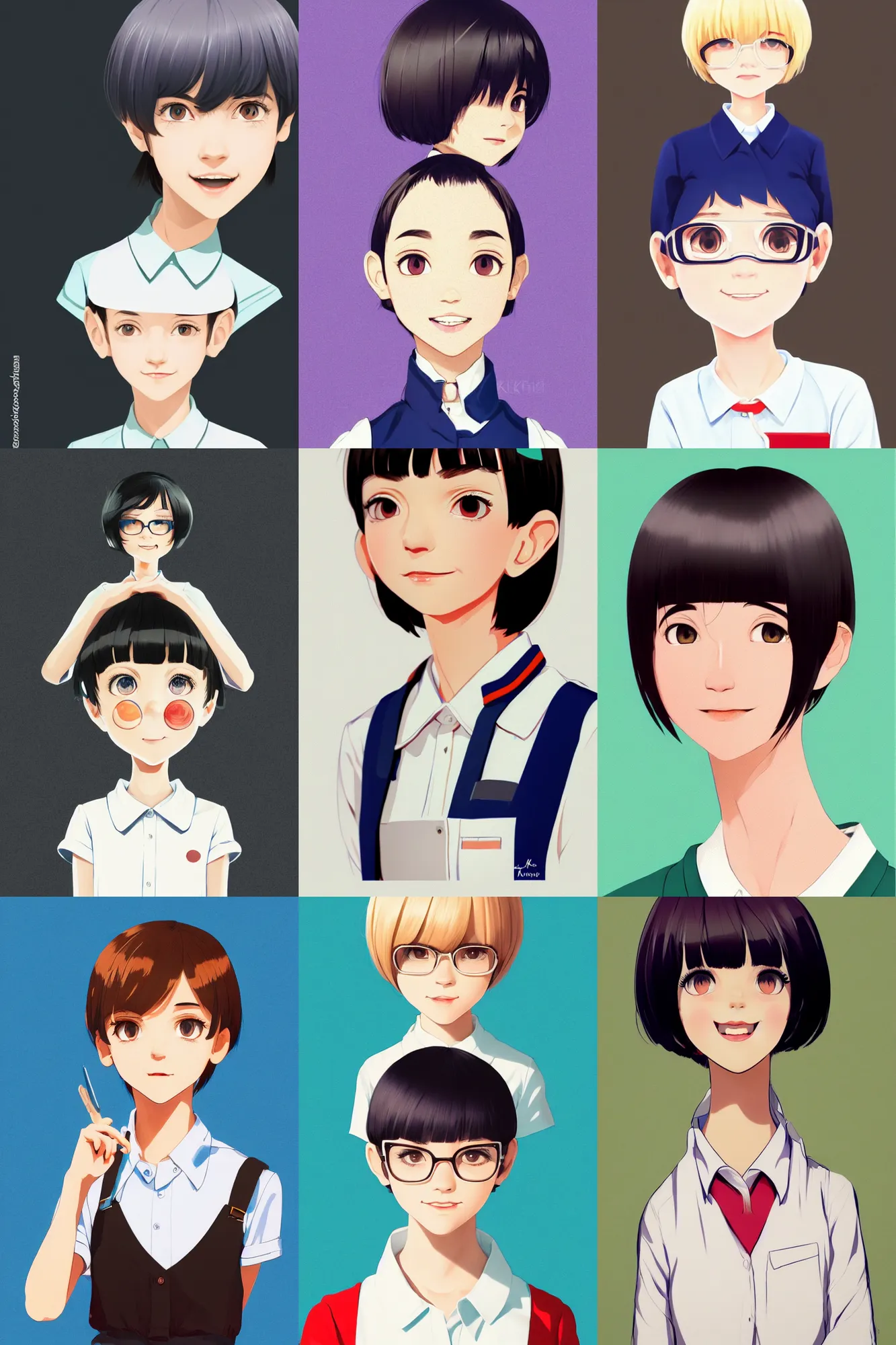 Prompt: a headshot of a happy cute girl with shoulder - length white short hair wearing school uniform, sharp focus, pure color background, illustration, two - third of the screen is left blank, morandi color scheme, art station, by ilya kuvshinov