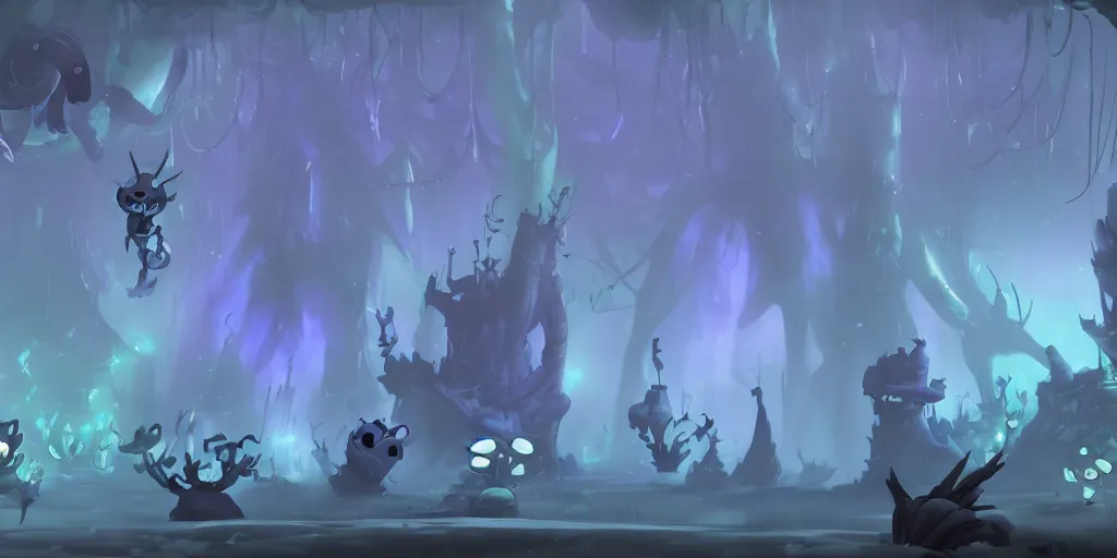 Prompt: latex dungeon dark room in the style of ori and the blind forest