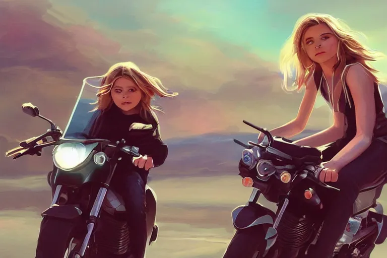 Prompt: chloe grace moretz is riding a motorbike, digital painting, artstation, the space background, concept art, illustration,