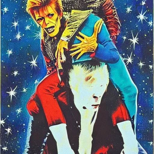 Image similar to david bowie from changes giving a piggy back ride to ziggy stardust. by basil gogos