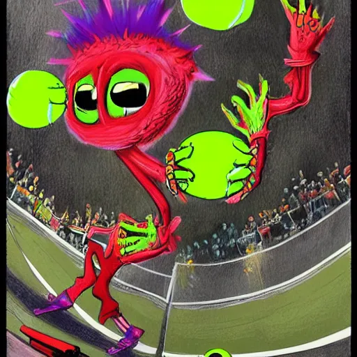 Image similar to a skateboard tennis ball monsters, colorful, digital art, fantasy, magic, chalk, trending on artstation, ultra detailed, professional illustration by basil gogos