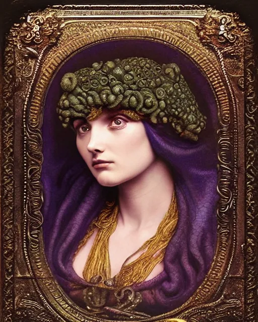 Image similar to daguerreotype hyperrealistic detailed face side portrait of the beautiful cthulhu priestess adorned with curse jewels and ceremonial robes, tintype art by ernst haeckel, john william godward, android jones, alphonso mucha, h. r. giger, gothic - cyberpunk, ornamental, beautiful deep colours, ambrotype