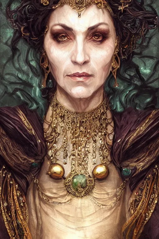 Prompt: portrait, headshot, digital painting, of a 17th century, beautiful, middle aged, middle eastern, wrinkles, wicked, cyborg merchant woman, dark hair, amber jewels, baroque, ornate dark green clothing, scifi, futuristic, realistic, hyperdetailed, concept art, art by waterhouse