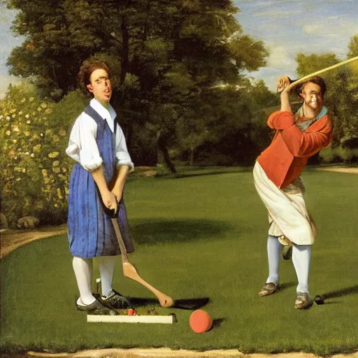 Image similar to jerry seinfeld playing croquet in the garden, happy expression, smiling, holding a croquet mallet, rule of thirds, golden ratio, oil on canvas, highly detailed, warm color scheme, soft lighting, sharp focus, adelaide labille - guiard, artemisia gentileschi