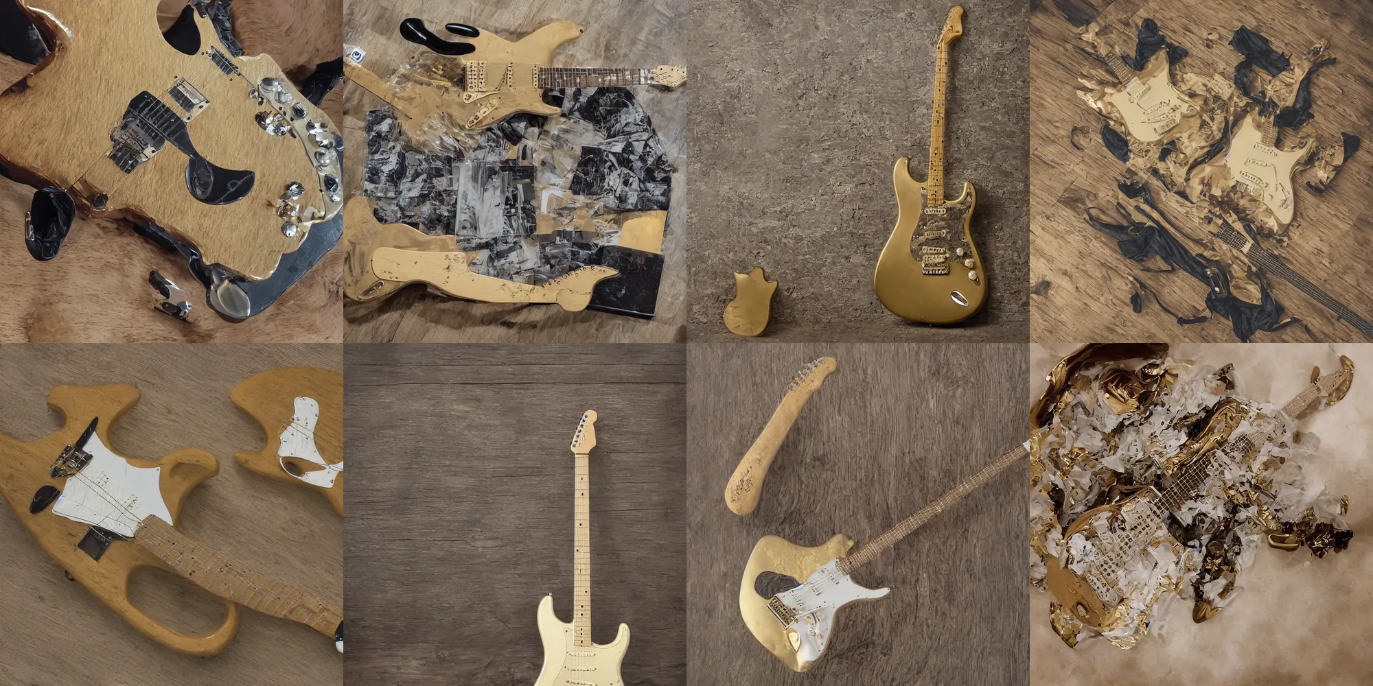 Prompt: “fender Stratocaster made from solid gold, symmetrical, beautiful, golden ratio, DSLR product photo”