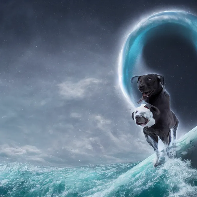 Image similar to photo of a dark gray white small spots coat pit bull with a white paws, surfing on a surfboard in a crashing wave of alien ocean in space, background is an alien galaxy, aliens in the background, alien colors, octane render, unreal engine, wide view, 8 k, high detaild