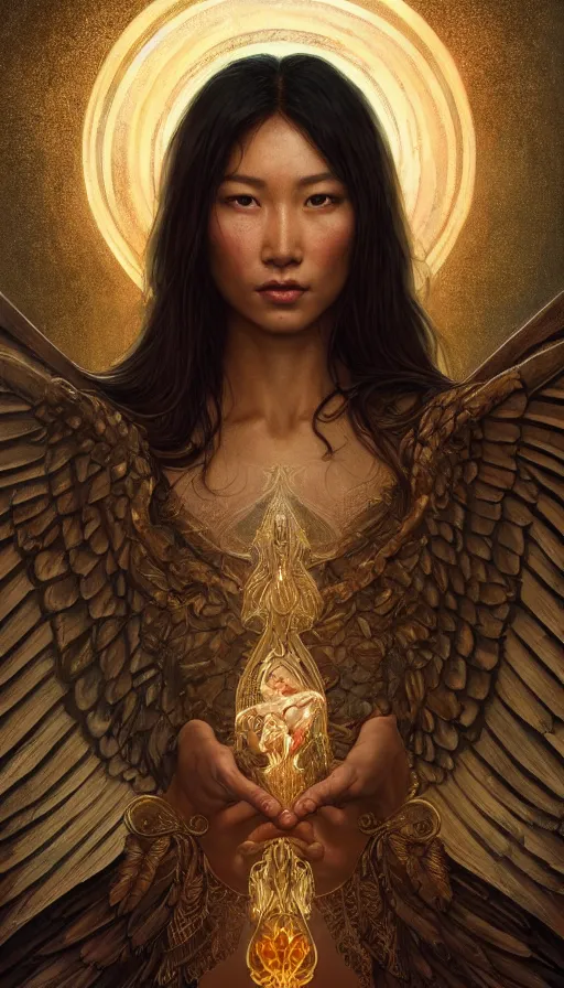 Image similar to archangel, perfectly-centered-Portrait of the most beautiful women on the planet, sweaty, asian, insane, intricate, highly detailed, digital painting, artstation, concept art, smooth, sharp focus, illustration, Unreal Engine 5, 8K, art by artgerm and greg rutkowski and alphonse mucha