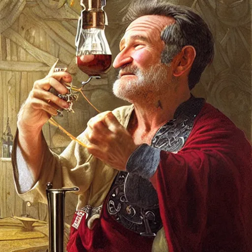 Image similar to an ultradetailed portrait of robin williams dressed as an alchemist, brewing potions in a workshop, d & d, fantasy, intricate, elegant, highly detailed, digital painting, matte, sharp focus, illustration, art by john collier and albert aublet and krenz cushart and artem demura and alphonse mucha