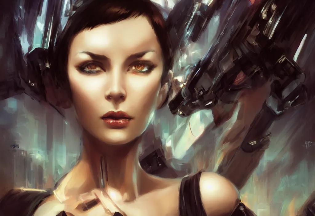 Image similar to a portrait of a beautiful girl, small horns on her head, short black hair, pixie cut, cyberpunk style, futuristic, realism, wide shot, dramatic lighting, digital art, 8k resolution, high detail, by Boris Vallejo