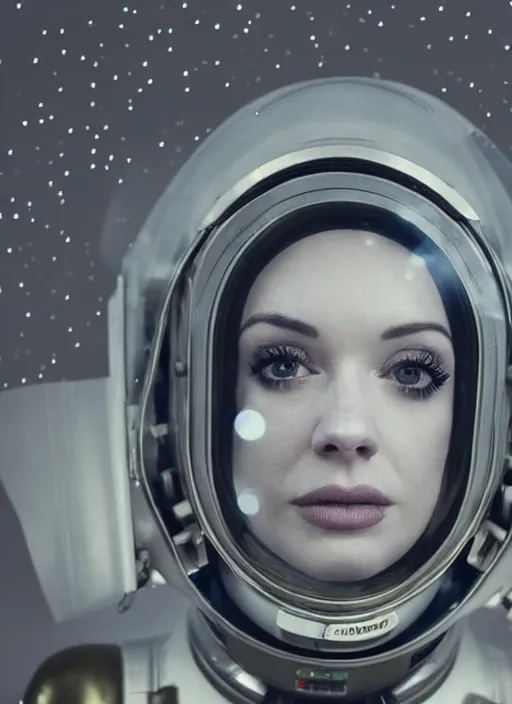 Prompt: upper body photograph portrait of a very pretty!!! christina hendricks in starfield, symmetric face, petzval lens. out of focus, in an astronaut costume. futuristic helmet with neck protection, space station. by alesio albi and george lucas and stanley kubrick