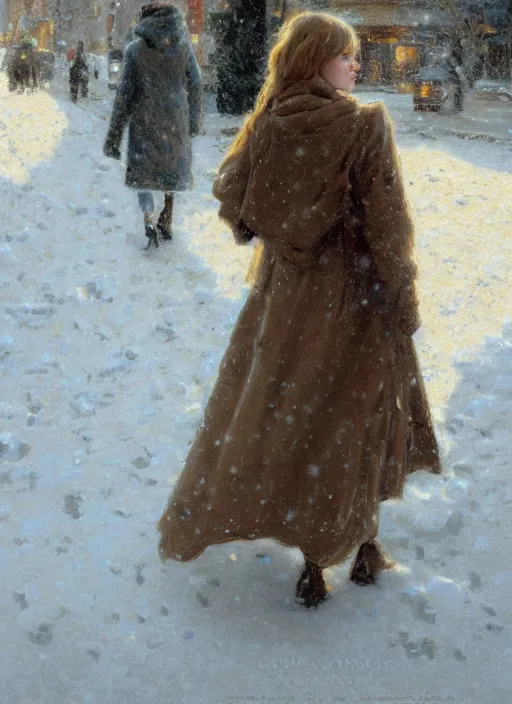 Image similar to back of emma stone in beige coat, walking into new york apartment building in winter, close up of wreath on door, snow, artwork by gaston bussiere, craig mullins, trending on artstation