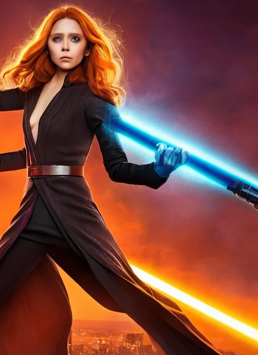 Image similar to elizabeth olsen portraying a beautiful mara jade from star wars legends, in a black suit holding a purple lightsaber, movie, hyper realistic, hollywood promotional image, imax, 8 k