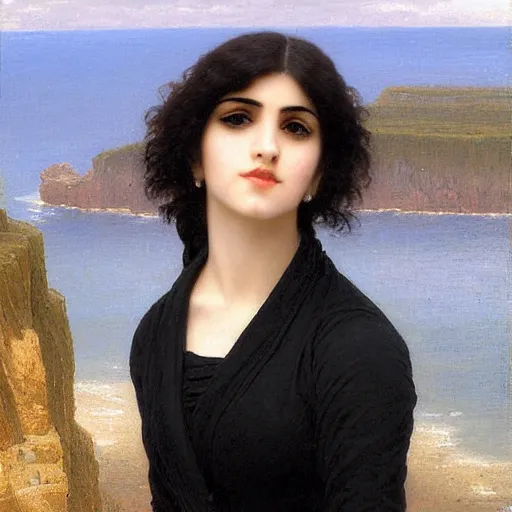 Image similar to 1 7 - year - old pale - skinned persian girl with black long bob cut, long bangs, black gothic jacket, black jeans, psychic girl, standing on cliff along the irish coast, overcast gray skies, ultra - realistic, sharp details,, intricate details, art by william - adolphe bouguereau