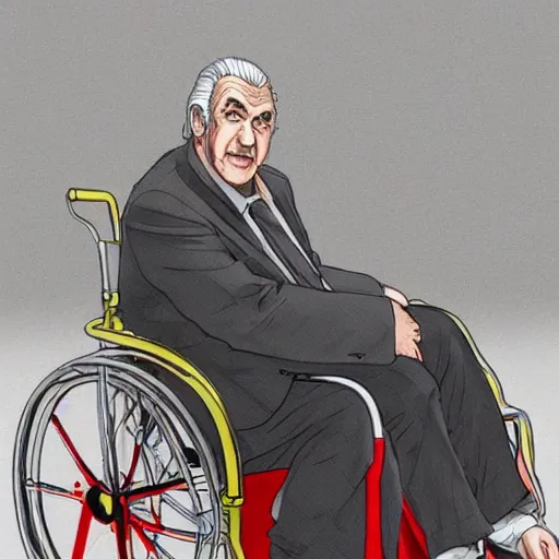 Image similar to milos zeman on a wheel - chair painted in anime style, detailed, villian