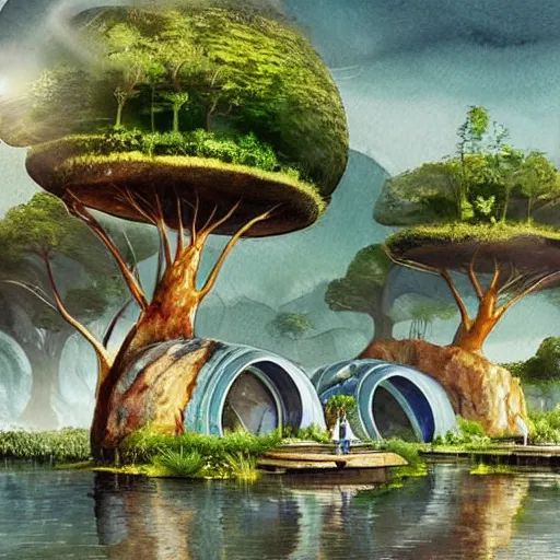 Image similar to beautiful happy picturesque charming sci - fi organic pod - like homes of the future in a beautiful natural scene. water, trees and rocks. beautiful light. soft colour scheme. beautiful artistic detailed watercolor by lurid. ( 2 0 2 2 )