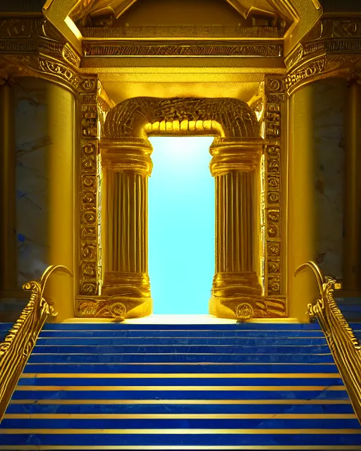 Image similar to scientifically realistic render scifi gold staircase to royal temple carved out of marble skeleton and blue gems and cyan crystal rendered in octane