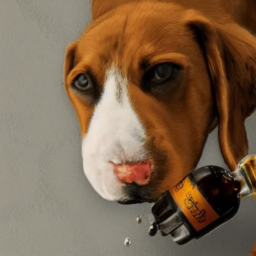 Prompt: Photorealistic dog chugging beer