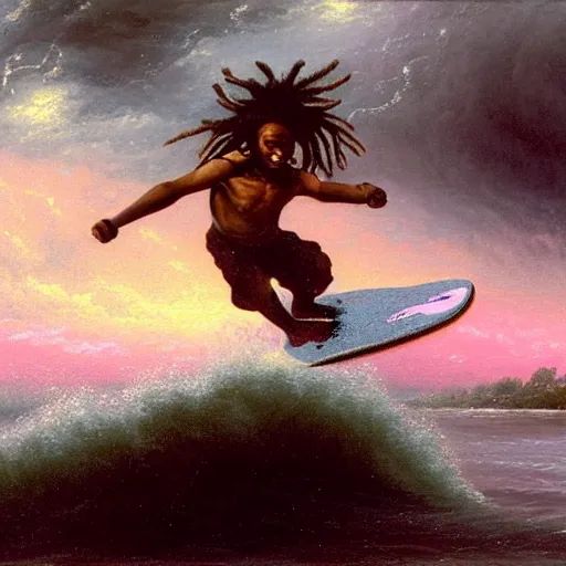 Prompt: a black boy with dreadlocks wakeboarding on a pink ocean in a violent thunderstorm, by h.r. giger and thomas kinkade oil on canvas, 8k