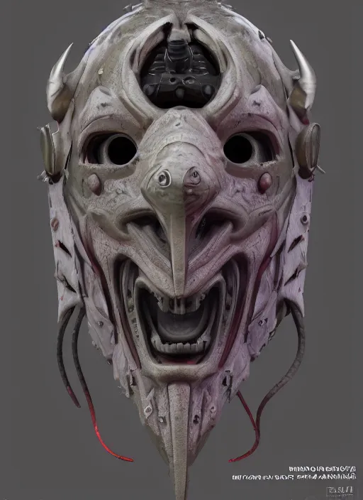 Image similar to 3 d render of a demon cyberpunk mask, au naturel, hyper detailed, digital art, trending in artstation, cinematic lighting, studio quality, smooth render, unreal engine 5 rendered, octane rendered, art style by klimt and nixeu and ian sprigger and wlop and krenz cushart riot arcane overwatch