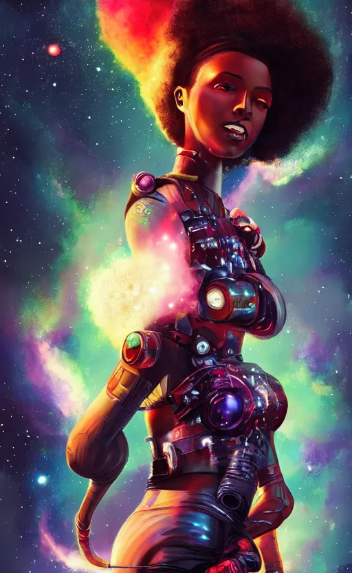 Image similar to beautiful black female cyberpunk astronaut in a 1 9 5 0's pinup art, cinematic composition, award winning art, octane render, exploding nebulae, outer space, artwork by norman rockwell
