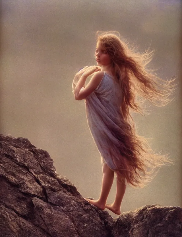 Prompt: peasant barefoot girl with blowing hair standing on the edge of rock, cottage core, cinematic focus, polaroid photo bleached vintage pastel colors high - key lighting, soft lights, foggy, by steve hanks, by lisa yuskavage, by serov valentin, by tarkovsky, 8 k render, detailed, oil on canvas