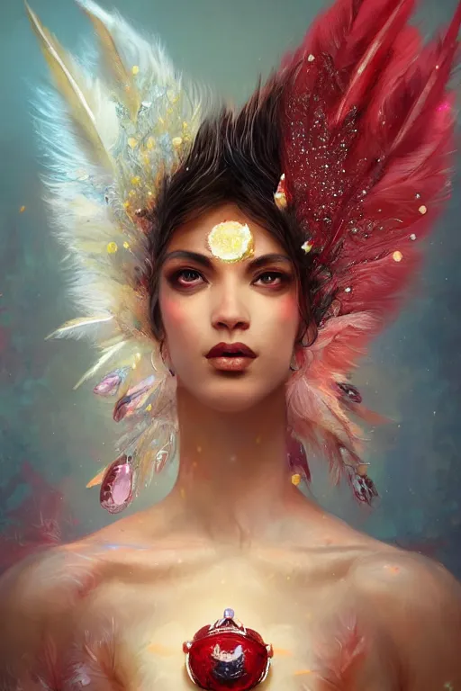 Image similar to beautiful princess with face covered with red crystals wearing frost feathers, diamonds, angel, fantasy, yellow background beam, dramatic lighting, highly detailed, digital painting, magic the gathering, 3 d render, hyper realistic detailed portrait, peter mohrbacher, wlop, ruan jia