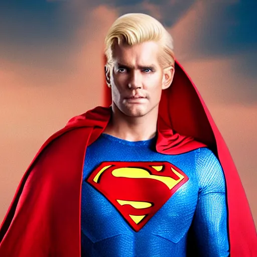 Image similar to portrait of a evil blonde superman two sides hair and thin face lines, his cape is the american flag, he is angry, 8 k, hyper realistic, movie imax shot, film, cinematography, red