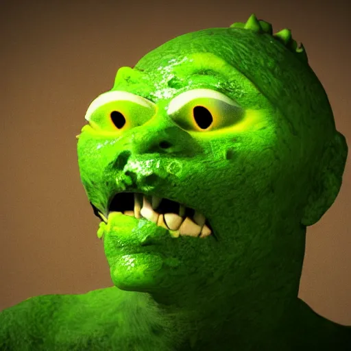 Image similar to a film still from a horror movie featuring a lime monster, scars on his face, 3 d render, blender
