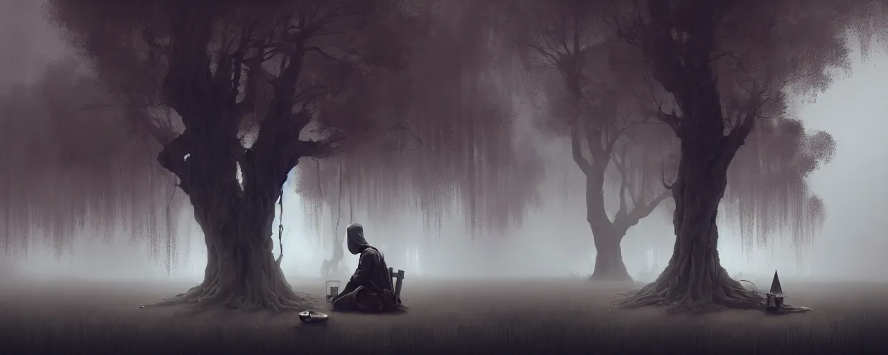 Prompt: duotone telephoto concept illustration 3 / 4 portrait bald merchant demon sitting below willow tree in a fog rustical style. medieval brown tunic with pouches. cinematic volumentric lighting. accidental renaissance. by sachin teng and sergey kolesov and ruan jia and heng z. graffiti art, scifi, fantasy, hyper detailed. octane render. trending on artstation