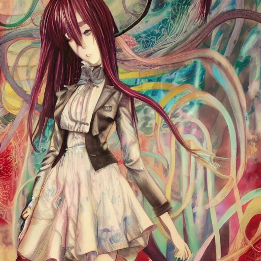 Image similar to yoshitaka amano realistic illustration of an anime girl with black eyes and short white hair wearing dress suit with tie and surrounded abstract junji ito style patterns in the background, blurry and dreamy illustration, noisy film grain effect, highly detailed, oil painting with expressive brush strokes, weird portrait angle