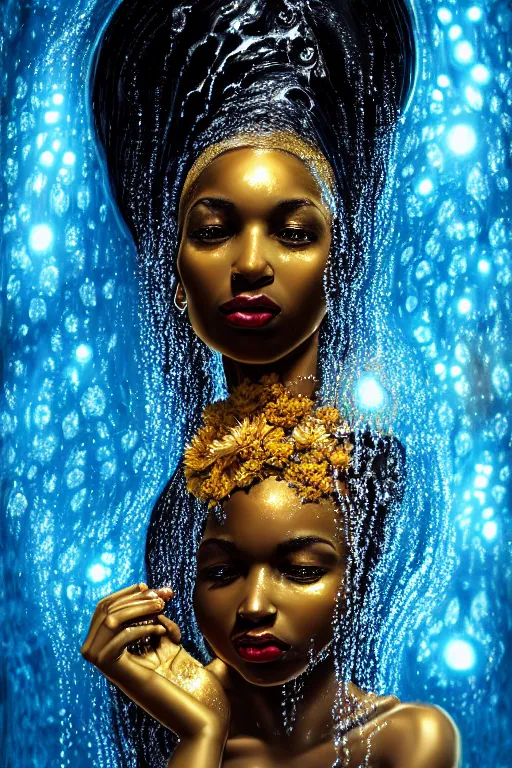 Prompt: hyperrealistic post rococo cinematic very expressive! black oshun goddess, in water up to her shoulders, mirror dripping droplet!, gold flowers, highly detailed face, digital art masterpiece, smooth eric zener cam de leon dramatic pearlescent blue back lighting, low angle uhd 8 k, sharp focus