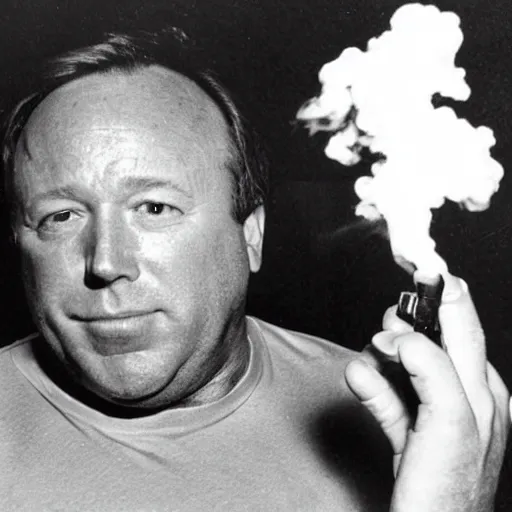 Prompt: Stupid looking alex jones smoking drugs on a canoe