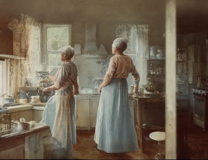 Image similar to grandmother cooking in a kitchen in country house, back view, cottage core, cinematic focus, polaroid photo bleached vintage pastel colors high - key lighting, soft lights, foggy, by steve hanks, by lisa yuskavage, by serov valentin, by tarkovsky, 8 k render, detailed, oil on canvas