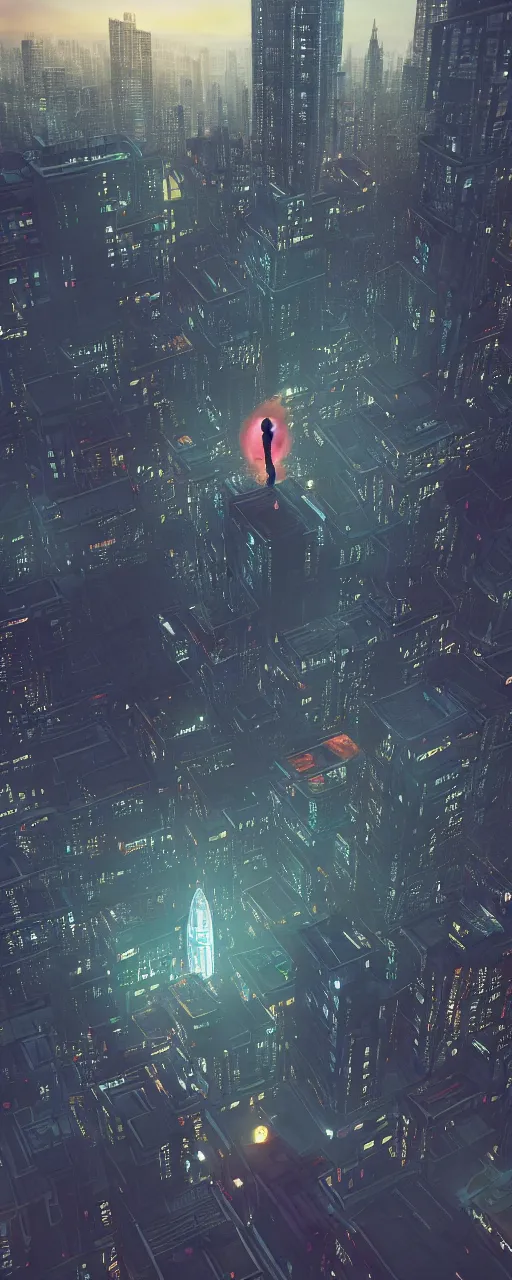 Image similar to alone person facing the desperate call of the void, organized cityscape, systematic city portals, unreal 5 render, vivid colors, high detail, clear weather, studio ghibli, history painting, digital art, octane render, beautiful composition, trending on artstation, award - winning photograph, masterpiece