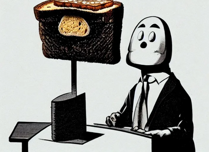 Image similar to anthropomorphic piece of toast in front of a podium, by marco bucci and frank frazetta